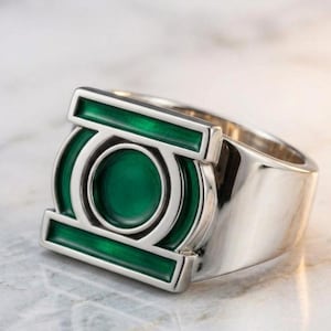 Handmade Green Lantern Ring, 925 Sterling Silver Superhero Ring, Green Enamel Power Ring, Cosplay Jewelry Gift for Him, Men's Statement Ring