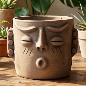 May include: A cylindrical terracotta planter featuring a sculpted human face with closed eyes, arched eyebrows, and a rounded mouth. The beige-toned ceramic pot has decorative circular ear details and vertical etched lines on the cheeks.