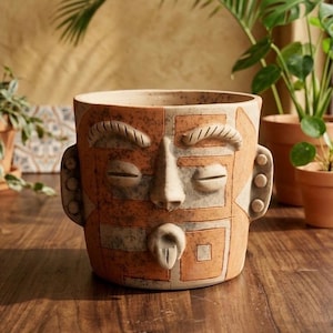 May include: A cylindrical terracotta planter featuring a sculpted face with raised eyebrows, closed eyes, a prominent nose, and a protruding tongue. The surface displays a mottled orange and beige finish with geometric etched patterns and ear-like side tabs.