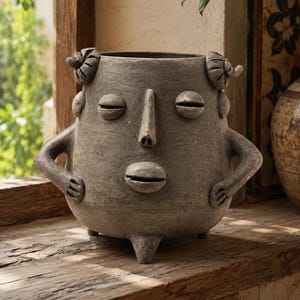 The “Lady Akimbo” Collection - Oaxacan Folk Art Face Planter - 9” Anthropomorphic Tripod Vase