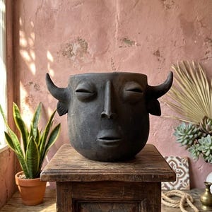 May include: A dark charcoal gray ceramic planter shaped like a stylized head with prominent horns extending from the sides. The face features closed, almond-shaped eyes, a defined nose, and slightly parted lips, creating a sculptural vessel.