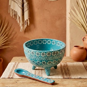 Hand-Painted Salsa & Guacamole Bowl w/ Spoon, Capula Tripod Bowl, Turquoise