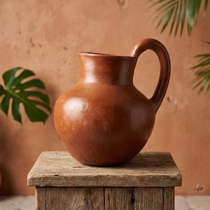 May include: A brown ceramic pitcher with a curved handle. The pitcher is sitting on a weathered wooden block. The background is a textured, reddish-brown wall with green foliage.