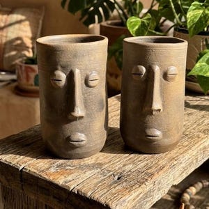 Small Oaxacan Folk Art Face Planter / Set of Two / Handmade Mexican Pottery