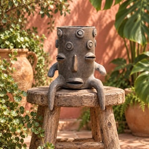 May include: A dark gray, cylindrical ceramic planter featuring a stylized face with protruding eyes, a nose, and a mouth. The planter has two arm-like appendages extending from the sides and two leg-like structures resting on a wooden stool.