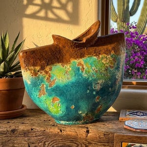 Handmade Baja Coastal Ceramic Vase - XL 17" Turquoise & Iron Rust Studio Pottery