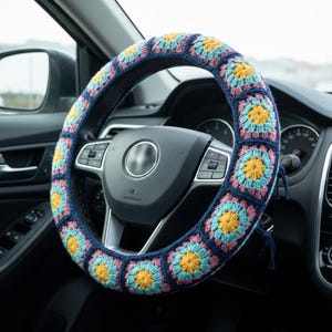 Boho Flower Granny Square Crochet Steering Wheel Cover Pattern (PDF Pattern)