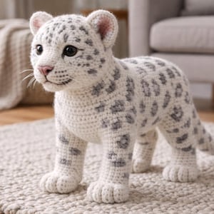 May include: A handmade crochet snow leopard cub. The plush toy features a white body with gray spots, a pink nose, and black eyes. The cub is standing on a neutral-colored rug. The toy is a cute and cuddly decorative item.