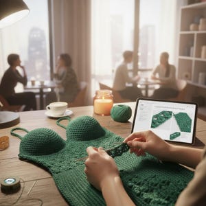 May include: A green crochet dress, featuring a detailed bodice and straps, is in progress on a wooden table. A person is crocheting the dress, with a tablet showing a pattern. A cup of coffee, a candle, and yarn are also on the table.