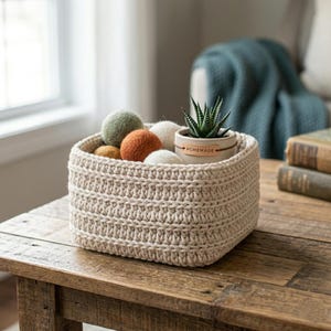 May include: A cream-coloured, crocheted basket containing colourful felt balls and a small potted succulent. The basket is on a wooden table, with a window and a chair in the background. The pot has the word "Homemade" on it.