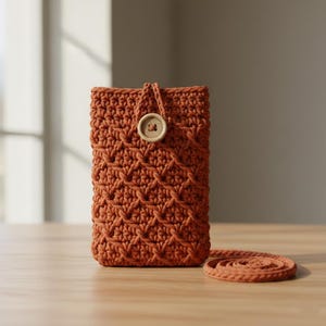 May include: A crocheted phone case in a warm orange hue. The case features a textured stitch pattern and a wooden button closure. A matching orange cord is attached for carrying. The case is sitting on a wooden surface.