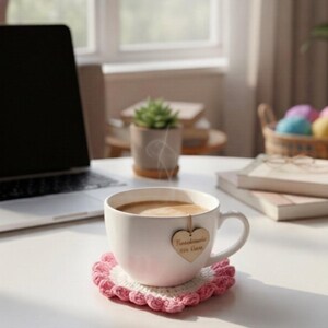 Op de afbeelding: Een witte koffiemok met een houten hartvormig label, op een roze en witte gehaakte onderzetter. Een laptop, een kleine vetplant en boeken zijn zichtbaar op de achtergrond. De scène speelt zich af op een witte tafel.