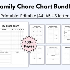 May include: A bundle of printable family chore charts and planners. The image shows a chore chart, birthday tracker, daily planner, school information sheet, meeting agenda, movie night checklist, and vision board. The bundle includes over 100 pages.