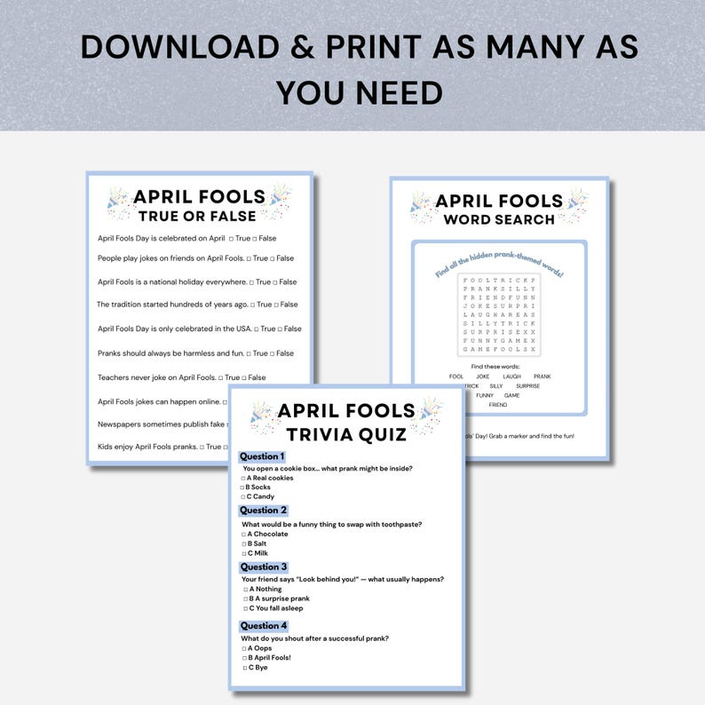 April 1st Riddles Printable April Fool Game, Word Search Puzzle, Classroom Trivia Quiz ...
