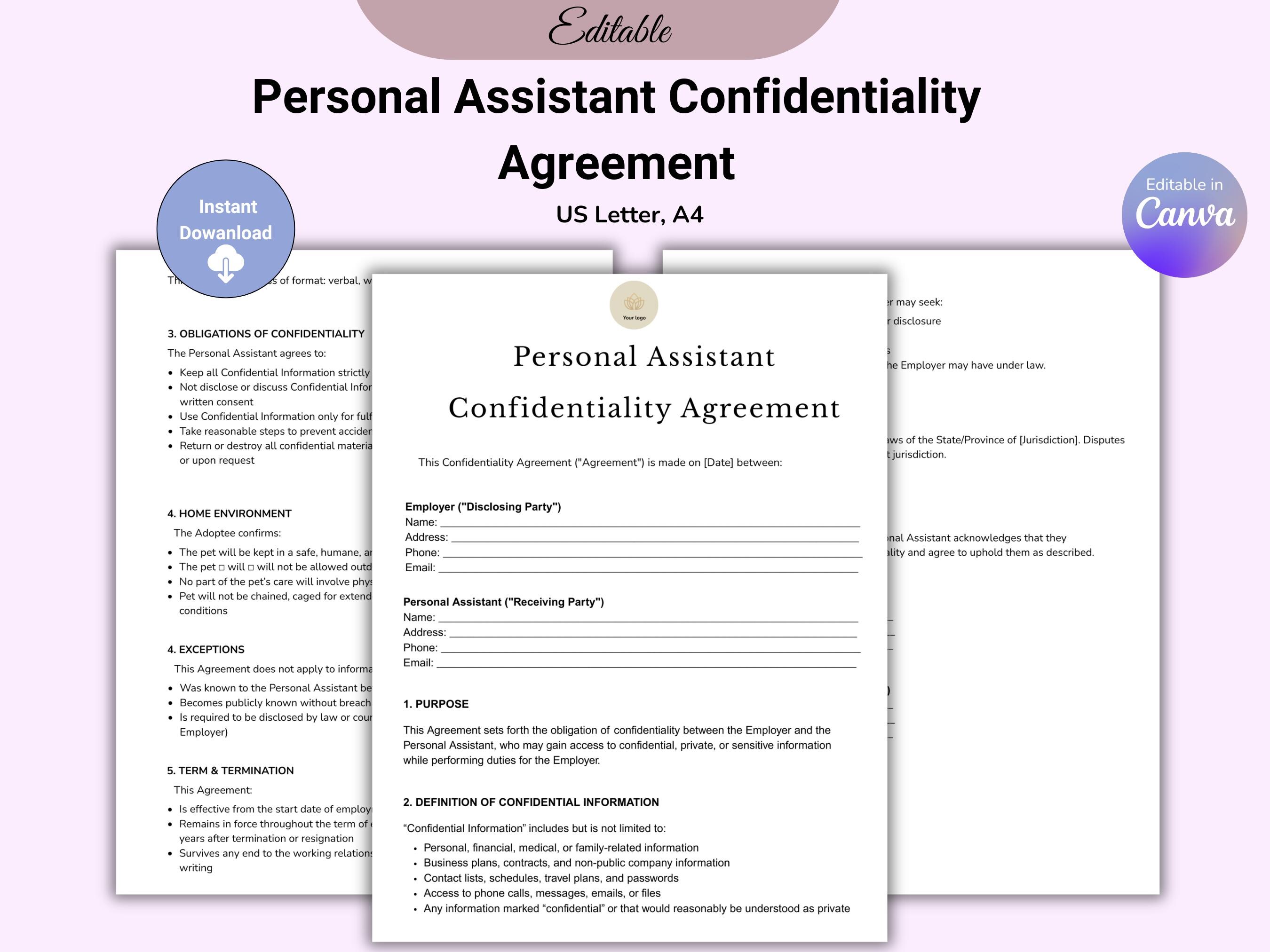 Editable Personal Assistant Confidentiality Agreement, Employee Privacy ...
