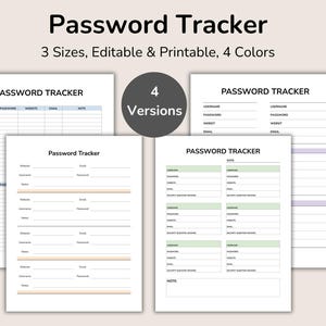 Puede incluir: Una colección de rastreadores de contraseñas imprimibles en varios diseños. La imagen muestra cuatro versiones diferentes de organizadores de contraseñas, cada uno con campos para nombres de usuario, contraseñas, sitios web y notas. El texto dice "Password Tracker".