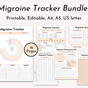May include: A collection of printable migraine tracker pages. The bundle includes a monthly tracker, journal pages, and an emergency kit. The pages are designed to be editable and are available in A4, A5, and US letter sizes. The text "Migraine Tracker Bundle" is at the top.