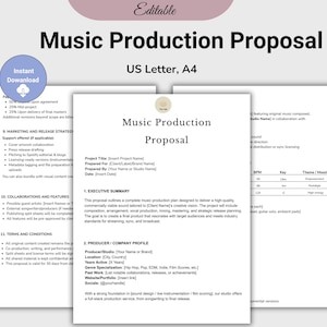 Op de afbeelding: Een sjabloon voor een muziekproductievoorstel met de titel "Music Production Proposal" in een strak, modern ontwerp. Het document is in US Letter- en A4-formaten, met bewerkbare velden en een Canva-logo.