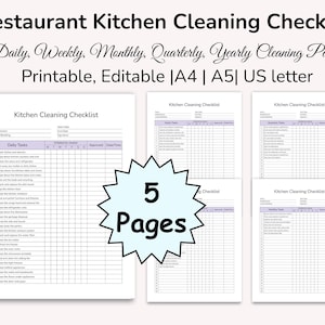 Può includere: Un elenco di controllo per la pulizia della cucina del ristorante stampabile con pagine di pulizia giornaliere, settimanali, mensili, trimestrali e annuali. L'elenco è modificabile e disponibile nei formati A4, A5 e US letter. L'immagine mostra 5 pagine.