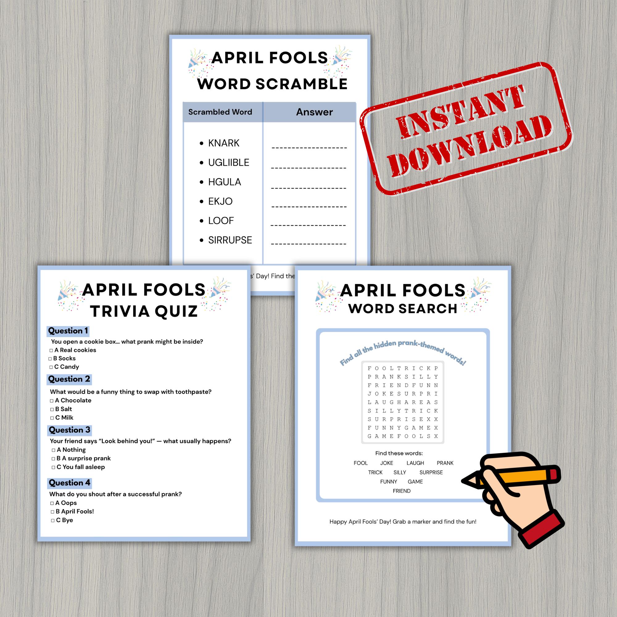 Printable April Fool Game, Word Search Puzzle, Classroom Trivia Quiz ...