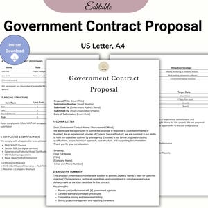 Puede incluir: Plantilla digital para una Propuesta de Contrato Gubernamental, con un diseño limpio y profesional. El documento incluye secciones para personal clave, estructura de precios, cumplimiento y una carta de presentación. El diseño está en tamaños US Letter y A4, editable en Canva.