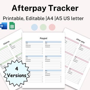 Pode incluir: Um rastreador Afterpay imprimível com o texto "Afterpay Tracker" no topo. A imagem mostra quatro versões do rastreador, incluindo Klarna, Paypal e Afterpay. O documento está disponível nos tamanhos A4 e A5.