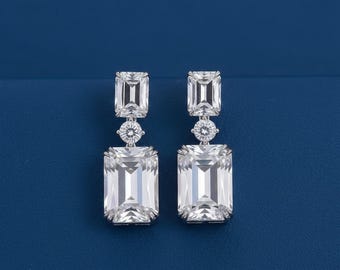 Emerald Cut Drop Earrings, Sterling Silver, Bridal Wedding Jewelry