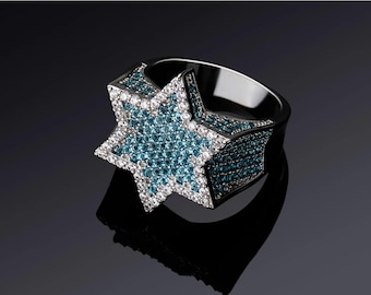 Blauer Stern Ring, Weißer CZ Diamant Statement Ring, Unisex Hip Hop Schmuck