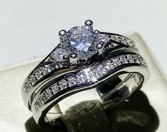 925 Silber Weiß Diamant Braut Set Verlobungsring & Ehering