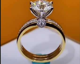 2 Karat Runder Moissanit-Verlobungsring, 14k zweifarbiges Gold versteckter Halo-Brautring