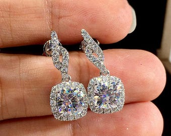 2Ct Diamond Cushion Halo Drop Earrings 14K White Gold Plated Silver Sparkly