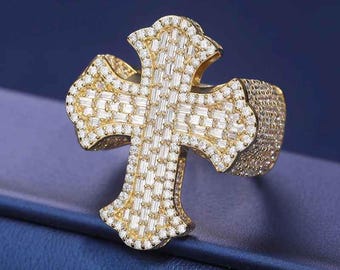 Vergoldeter Kreuz Ring, Baguette CZ Steine, Hip Hop Statement Schmuck