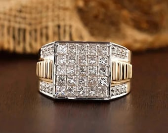 Herren quadratischer Cluster Diamantring, zweifarbiger vergoldeter Statementring, Princess Cut Diamant-Verlobungsring für Ihn