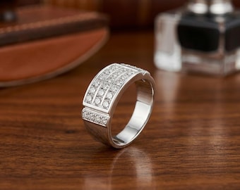 Herren Sterling Silber Diamant Pave Bandring, moderne Verlobung Jahrestag Geschenk