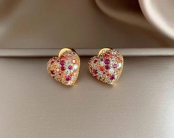 Multi-Color Heart Stud Earrings, 14k Yellow Gold Plated Sterling Silver, Romantic Jewelry
