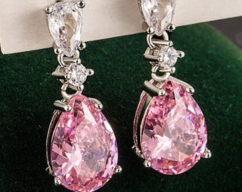 4Ct Pear Cut Pink Sapphire Drop Earrings, Sterling Silver Teardrop Dangle Statement Earrings