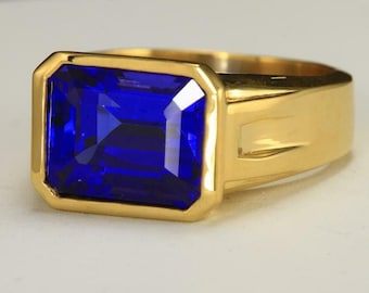 Herren Gold Plated Smaragd-Schliff Blauer Saphir Statement Ring, Lünette Set Edelstein Modeschmuck