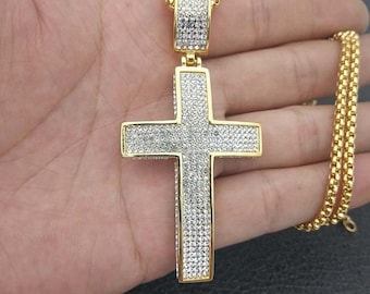 Iced Out Kreuz Anhänger Halskette, 2Ct runder Diamant, 14K Gelbgold überzogen Hip Hop