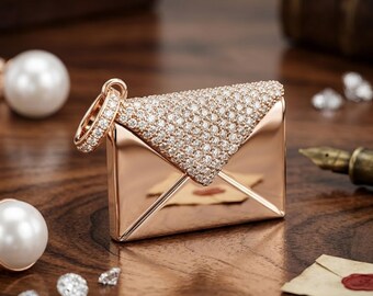 Rose Gold Plated Envelope Pendant Necklace, Diamond Pave Letter Charm, Romantic Mail Jewelry