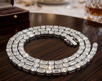 Luxus Smaragdschliff und runde Diamant-Tennis-Halskette, Statement-Kette, silberfarbener Brautschmuck, minimalistische Schichtungs-Halskette