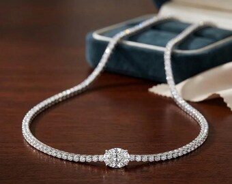 Elegante Oval Cut Diamant Tennis Halskette - Minimalist Sterling Silber Kette Schmuck Geschenk für Sie