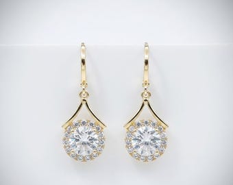 Round Cut Moissanite Halo Drop Earrings, 14K Yellow Gold Plated Wedding Jewelry