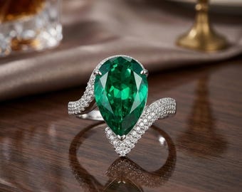 Smaragd Verlobungsring, Tropfen Grüner Edelstein Verlobungsring, Silber Band