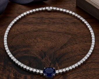 Oval Blauer Saphir Tennis Halskette, Sterling Silber Statement Choker