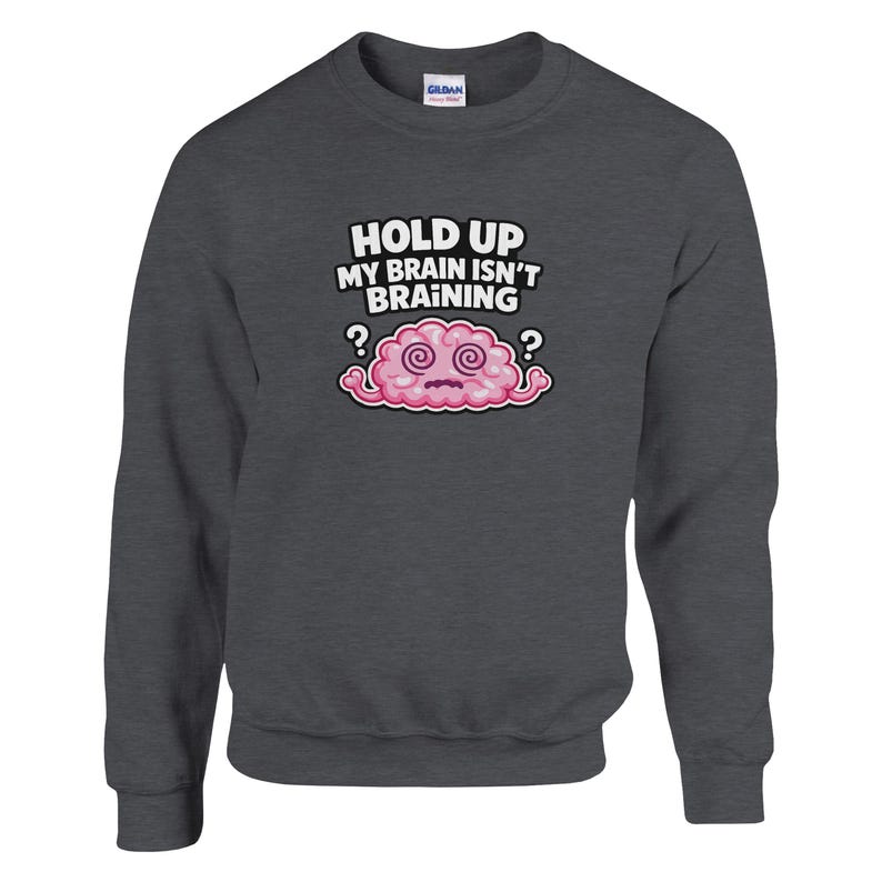 May include: Dark grey sweatshirt featuring the phrase "HOLD UP MY BRAIN ISN'T BRAINING" above a cartoon brain. The brain is pink with a white outline and has dizzy eyes, with question marks on either side.