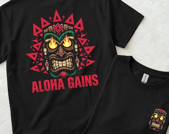 Aloha Gains Fitness T-Shirt - Cotton Tiki Themed workout Tee, Hawaiian Gym Shirt