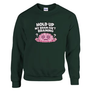 May include: Dark green sweatshirt featuring the phrase "HOLD UP MY BRAIN ISN'T BRAINING" above a cartoon brain. The brain is pink with red swirls and question marks on either side, conveying a sense of confusion.