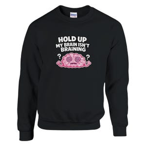 May include: Black sweatshirt featuring the phrase "HOLD UP MY BRAIN ISN'T BRAINING" in white text. A pink cartoon brain with swirling eyes is below the text. The sweatshirt is a Gildan brand.