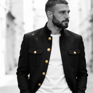 Men’s Black Safari Suit | Military Style Jacket & Pants Set | Gold Button Designer Outfit | Luxury Party & Wedding Wear
