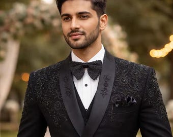 Black Embroidered Tuxedo Suit – Satin Shawl Lapel, Double-Breasted Formal Evening Wear